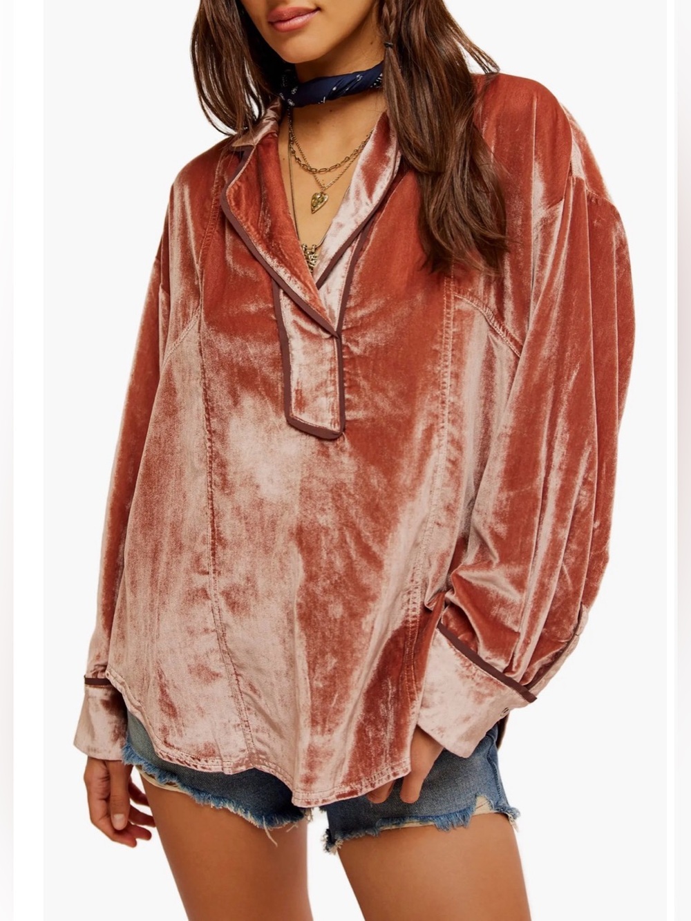 NWT Free People We The Free Luxy Solid Velvet Shirt Cedar Wood, XL
